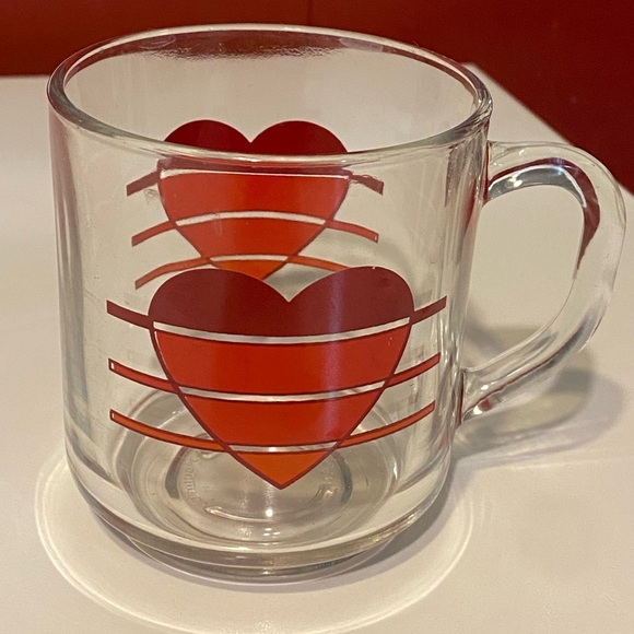 Vintage 80s Carlton Luminarc Glass Striped Hearts Canister Jar & Mugs Set - Picture 3 of 5